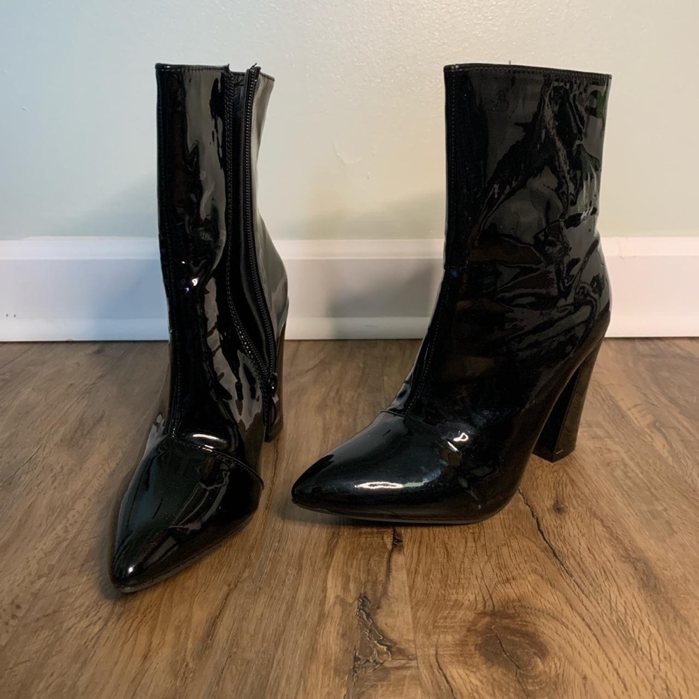 Leather look black ankle wedge heel boots size 5.5